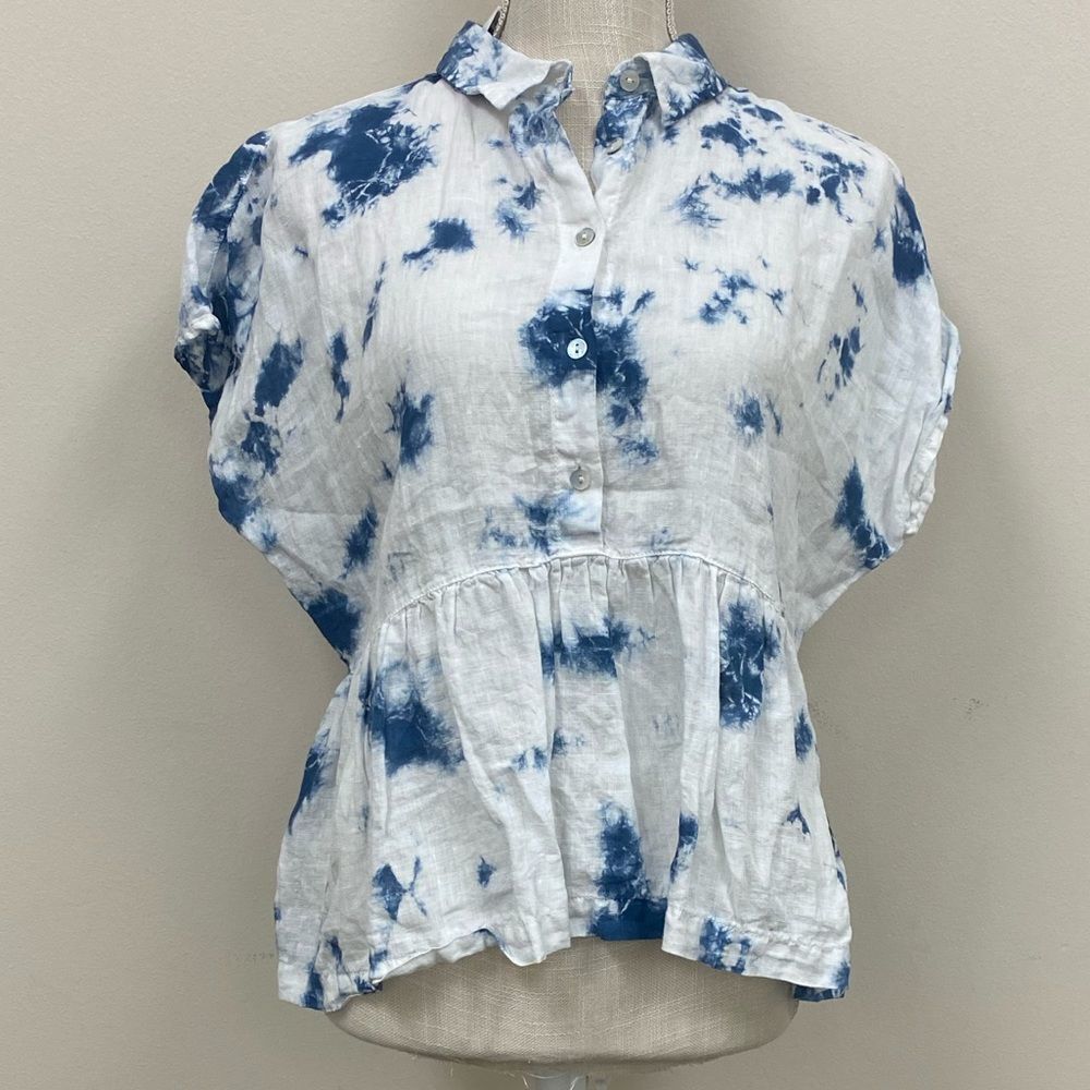 Rachel Zoe Blue And‎ White Tie Dye Linen Peplum Button Down Blouse Top